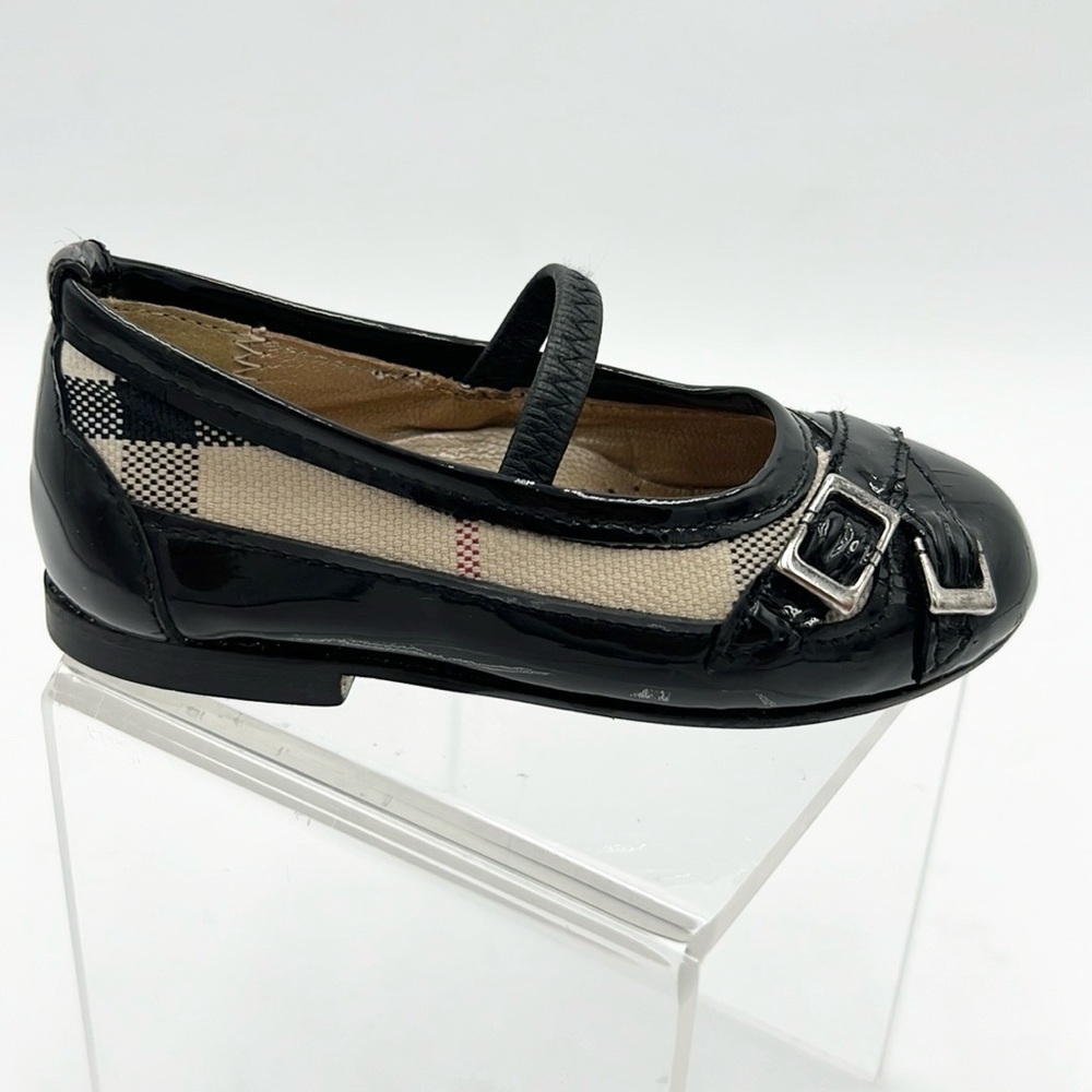 BURBERRY GIRLS PATENT LEATHER NOVA CHECK BLACK BALLERINA FLAT SZ 5C - Picture 1 of 15
